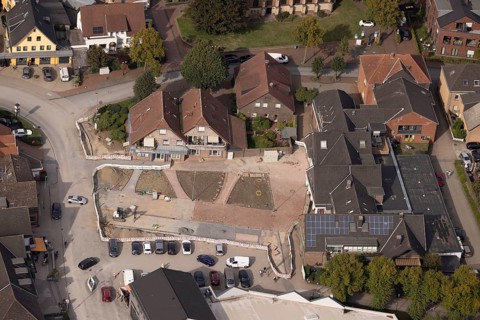 Aerial view, construction site and reconstruction Am Marktplatz, Hünxe, Ruhr area, North