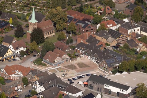 Aerial view, construction site and reconstruction Am Marktplatz, Hünxe, Ruhr area, North