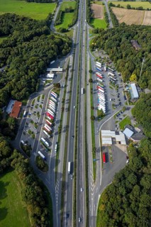 Aerial view, service area Hünxe-Ost and Hünxe-West, petrol station and rest area with truck parking