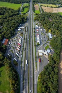 Aerial view, service area Hünxe-Ost and Hünxe-West, petrol station and rest area with truck parking
