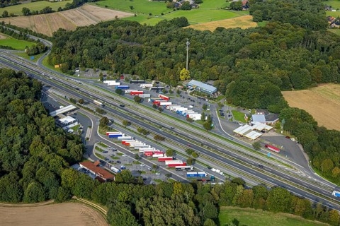 Aerial view, service area Hünxe-Ost and Hünxe-West, petrol station and rest area with truck parking