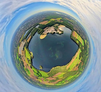 Aerial view, Tenderingssee and lido, globe, fisheye image, fisheye image, 360 degree image, tiny