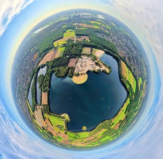 Aerial view, Tenderingssee and lido, globe, fisheye image, fisheye image, 360 degree image, tiny