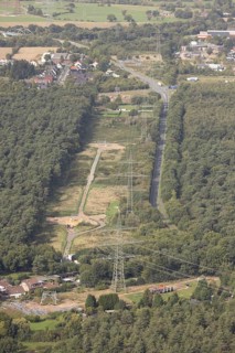 Aerial photo, work on the transmission grid, extra-high-voltage power line, power pylon extension