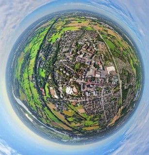 Aerial view, city centre view with town hall and town hall square, Voerde school centre, earth