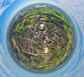 Aerial view, city centre view with town hall and town hall square, Voerde school centre, earth
