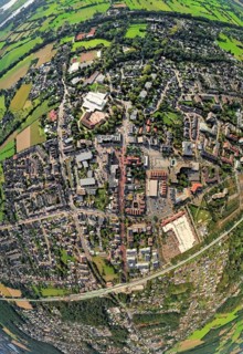 Aerial view, city centre view with town hall and town hall square, Voerde school centre, earth
