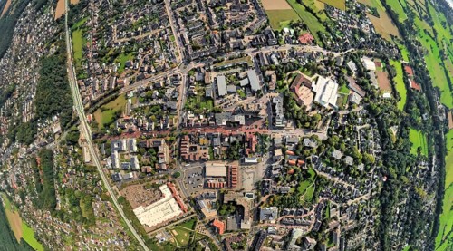 Aerial view, city centre view with town hall and town hall square, Voerde school centre, earth