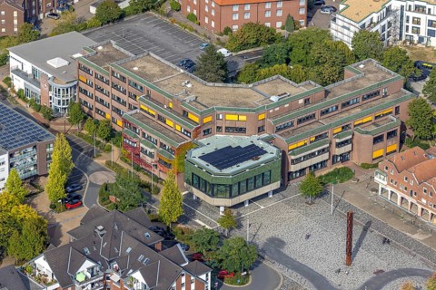 Aerial view, Voerde town hall and town hall square, Voerde, Ruhr area, North Rhine-Westphalia,