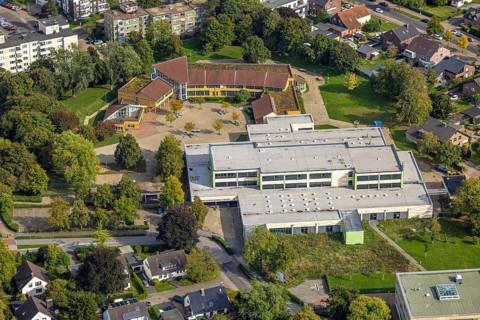 Aerial view, Comenius comprehensive school with schoolyard, Voerde, Ruhr area, North