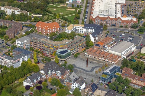 Aerial view, Voerde town hall and town hall square, Voerde, Ruhr area, North Rhine-Westphalia,