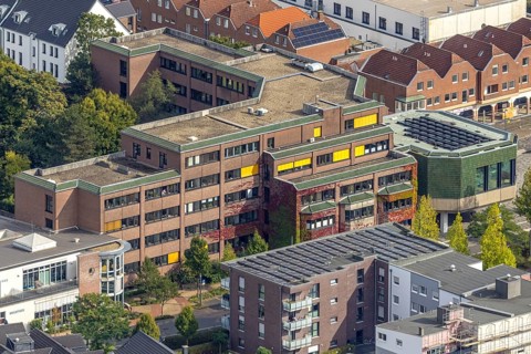 Aerial view, town hall Voerde city administration, Voerde, Ruhr area, North Rhine-Westphalia,