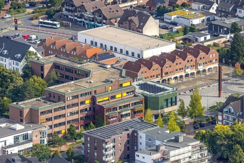 Aerial view, Voerde town hall and town hall square, Voerde, Ruhr area, North Rhine-Westphalia,