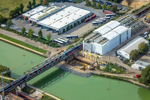 Aerial view, construction site, S-Bahn over a railway bridge Wesel-Datteln-Kanal, NIAG