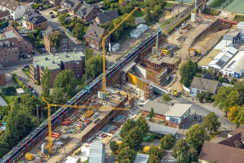 Aerial view, Poststrasse with bridge construction and railway line with S-Bahn, extension of the