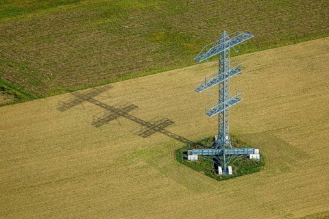 Aerial view, power line project with power pole construction for power line at Hammweg, power pole