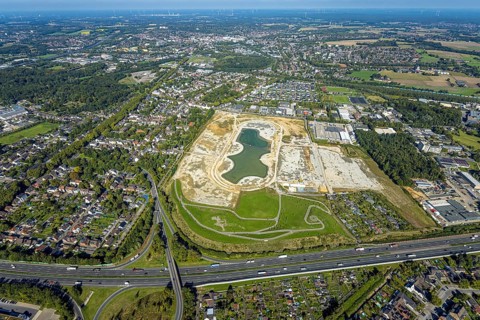 Aerial view of the former harness racing track Recklinghausen, on the A2 motorway, with northern