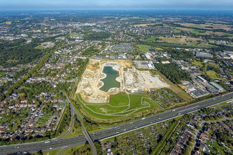 Aerial view of the former harness racing track Recklinghausen, on the A2 motorway, with northern