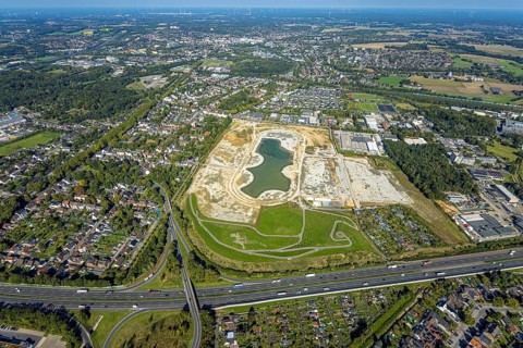 Aerial view of the former harness racing track Recklinghausen, on the A2 motorway, with northern