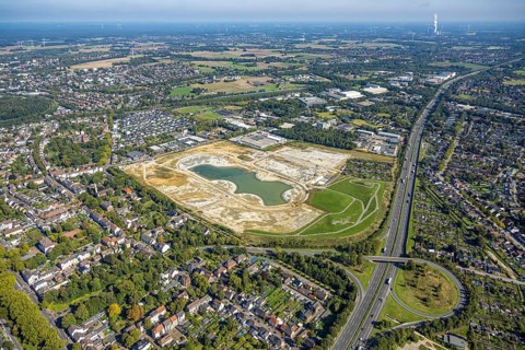 Aerial view of the former harness racing track Recklinghausen, on the A2 motorway, with northern