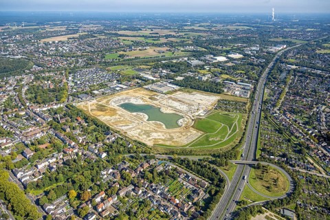 Aerial view of the former harness racing track Recklinghausen, on the A2 motorway, with northern