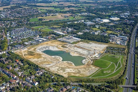 Aerial view of the former harness racing track Recklinghausen, on the A2 motorway, with northern
