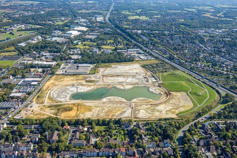 Aerial view of the former harness racing track Recklinghausen, on the A2 motorway, with northern