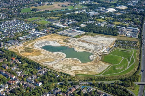 Aerial view of the former harness racing track Recklinghausen, on the A2 motorway, with northern