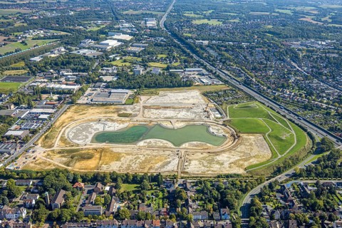 Aerial view of the former harness racing track Recklinghausen, on the A2 motorway, with northern