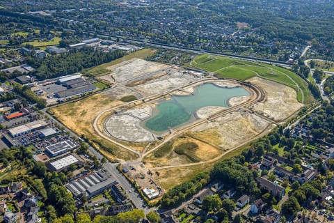 Aerial view of the former harness racing track Recklinghausen, on the A2 motorway, with northern