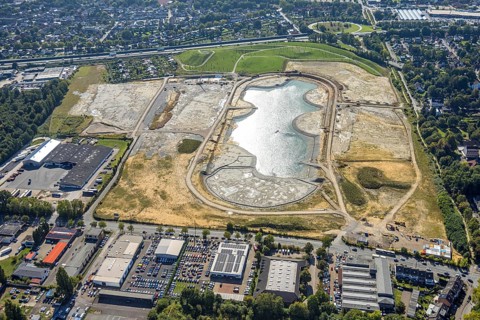 Aerial view of the former harness racing track Recklinghausen, on the A2 motorway, with northern