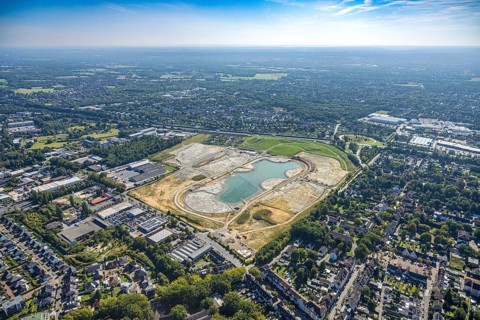 Aerial view of the former harness racing track Recklinghausen, on the A2 motorway, with northern