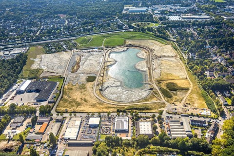 Aerial view of the former harness racing track Recklinghausen, on the A2 motorway, with northern