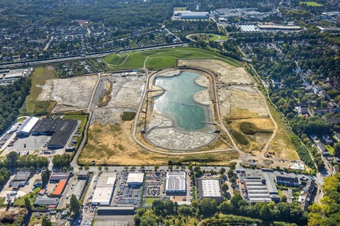 Aerial view of the former harness racing track Recklinghausen, on the A2 motorway, with northern