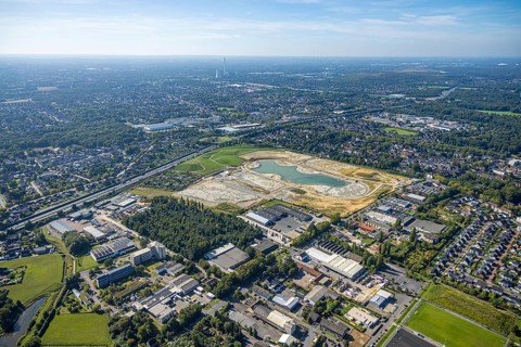 Aerial view of the former harness racing track Recklinghausen, on the A2 motorway, with northern