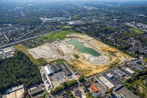 Aerial view of the former harness racing track Recklinghausen, on the A2 motorway, with northern