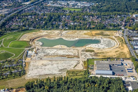 Aerial view of the former harness racing track Recklinghausen, on the A2 motorway, with northern