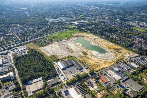 Aerial view of the former harness racing track Recklinghausen, on the A2 motorway, with northern