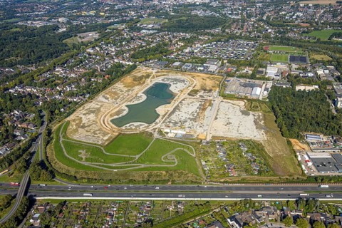 Aerial view of the former harness racing track Recklinghausen, on the A2 motorway, with northern