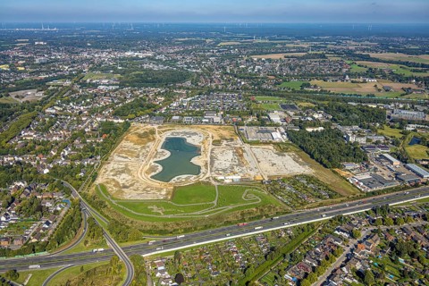 Aerial view of the former harness racing track Recklinghausen, on the A2 motorway, with northern