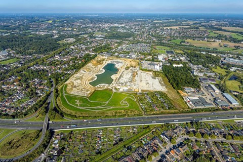 Aerial view of the former harness racing track Recklinghausen, on the A2 motorway, with northern