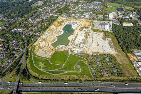 Aerial view of the former harness racing track Recklinghausen, on the A2 motorway, with northern