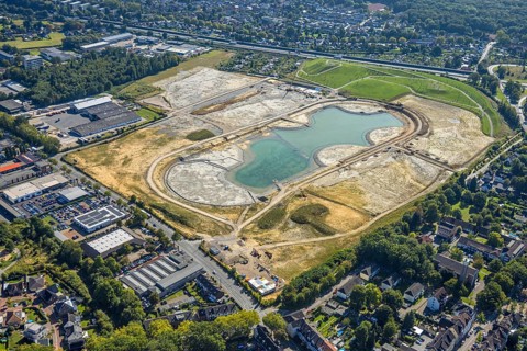Aerial view of the former harness racing track Recklinghausen, on the A2 motorway, with northern