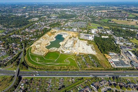 Aerial view of the former harness racing track Recklinghausen, on the A2 motorway, with northern