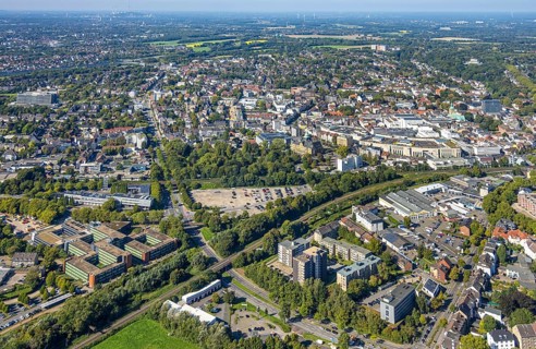 Aerial view, Recklinghausen district hall with new extension, Hillen, Recklinghausen, Ruhr area,