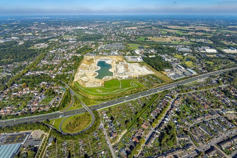 Aerial view of the former harness racing track Recklinghausen, on the A2 motorway, with northern