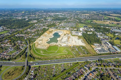 Aerial view of the former harness racing track Recklinghausen, on the A2 motorway, with northern