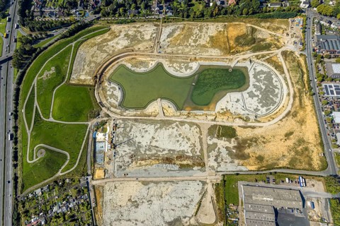 Aerial view of the former harness racing track Recklinghausen, on the A2 motorway, with northern