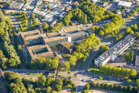 Aerial view, Recklinghausen district hall with new extension, Hillen, Recklinghausen, Ruhr area,