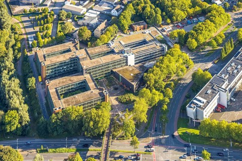 Aerial view, Recklinghausen district hall with new extension, Hillen, Recklinghausen, Ruhr area,